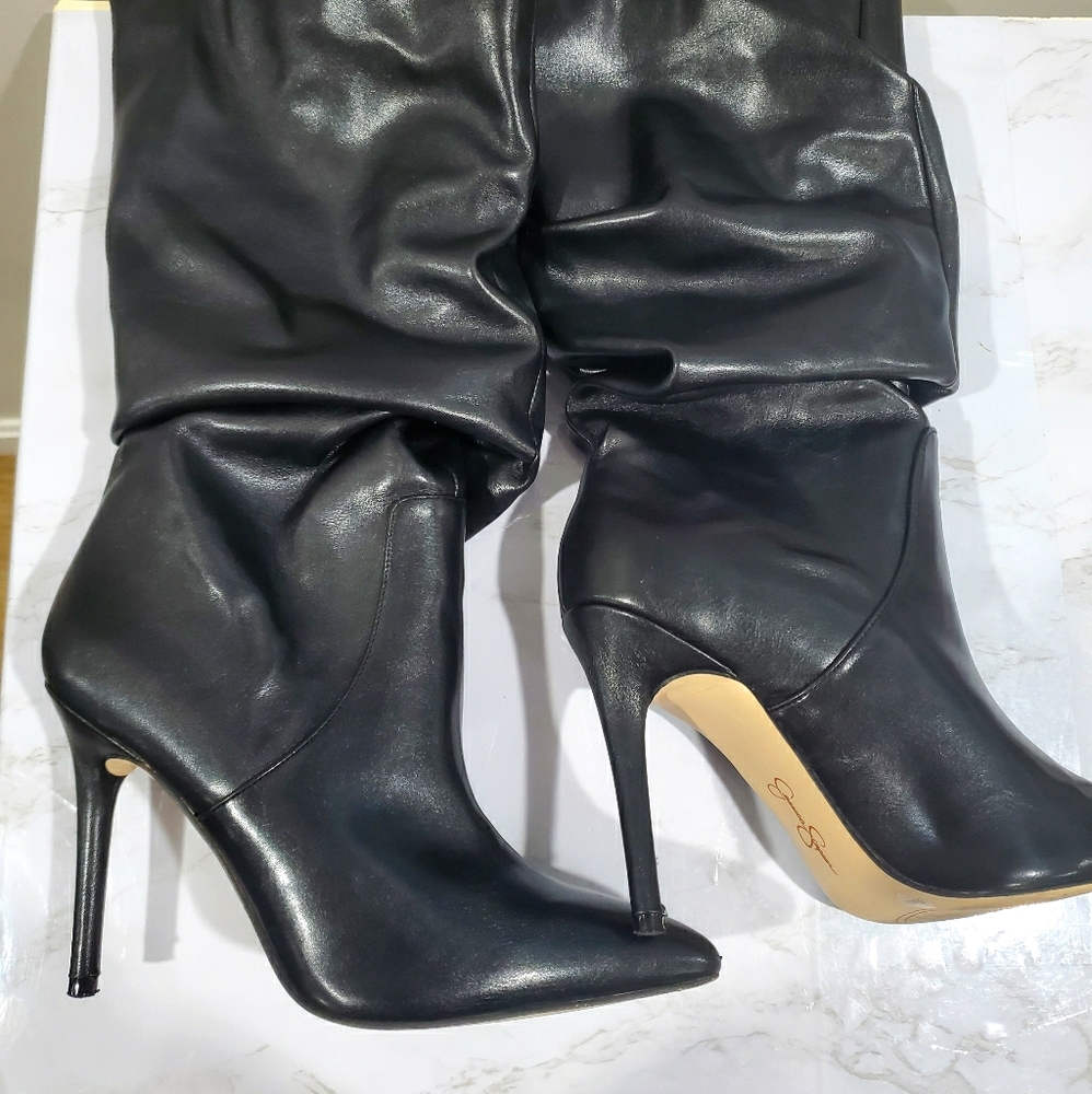 Black leather mid stiletto boots
